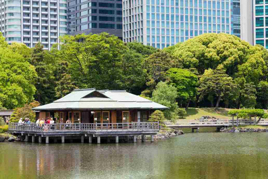 Jardín Hamarikyu con lago y rascacielos
